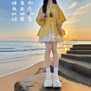 2025夏日绝美俏皮小套装女韩系多巴胺小个子灯笼袖黄色衬衫短裙子
