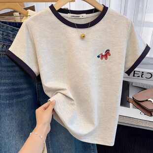 百搭减龄显瘦上衣 T恤女时尚 拼色纯棉2026春夏流行爆款 正肩短袖