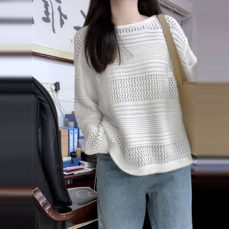 2026早秋新款白色镂空毛衣针织衫女宽松慵懒风高级感长袖罩衫上衣