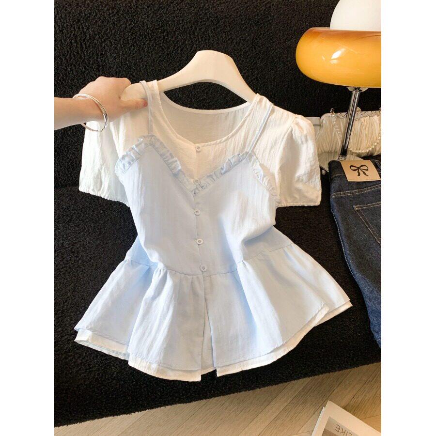 假两件吊带背心短袖衬衫女夏季韩系甜美减龄法式收腰娃娃衫小上衣