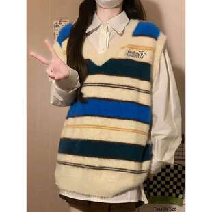 早秋毛衣穿搭一整套女学生日系拼色v领条纹针织马甲背心白色衬衫