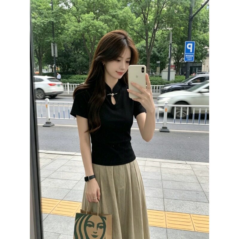 新款夏季210克1x1棉螺纹新中式盘扣旗袍衬衫国风短袖T恤女式上衣