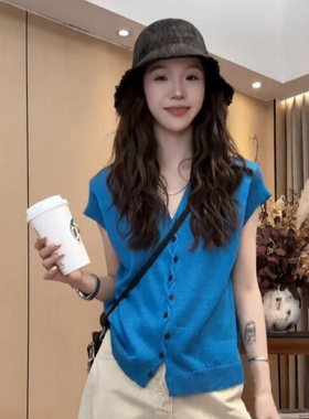 2026夏季新款甜美风v领短袖针织开衫女宽松显瘦时尚气质百搭上衣