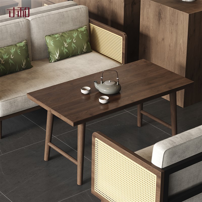 寸和  藤栖沙发茶几新中式实木茶楼卡座休闲餐厅桌椅办公酒店接待