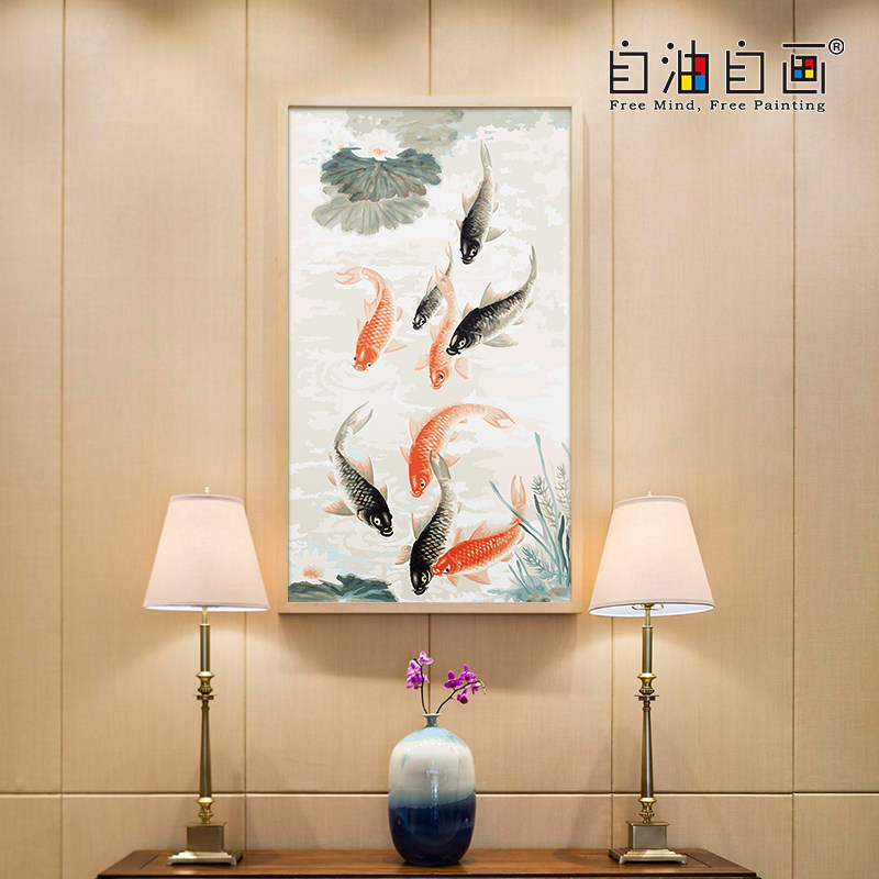 自油自画数字油画diy填色手绘油彩画玄关中国风填充装饰画 九鱼图