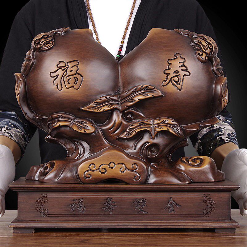 实木雕福寿仙桃摆件木质蟠桃老人生日贺寿礼品中式家居手工艺摆件