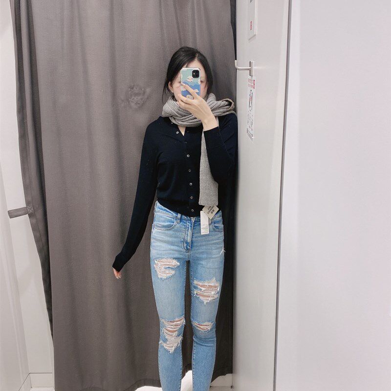 老鹰2024浅蓝破洞牛仔裤女九分高腰紧身显瘦小脚夏季薄小个子八分