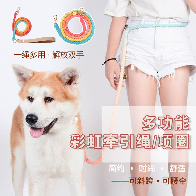 渐变彩色 小狗狗猫绳子中大型犬宠物柴犬斜挎双头头一拖二牵引绳