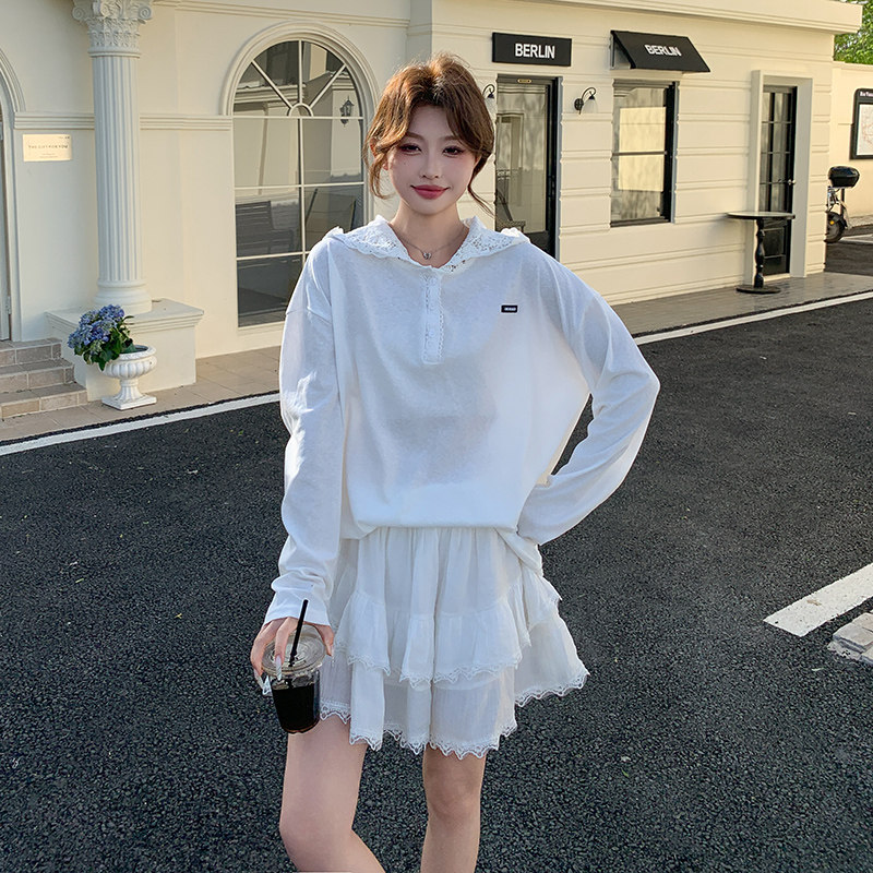 白色蕾丝连帽卫衣外套女春秋宽松通勤风减龄时尚帽衫