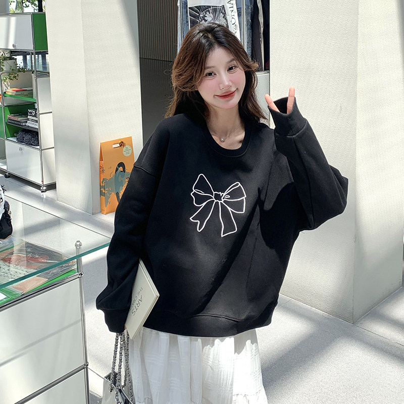 黑色蝴蝶结刺绣甜美显瘦卫衣女