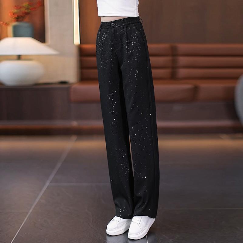 黑色亮片西装裤子女2026春秋新款高腰百搭阔腿裤休闲窄版直筒裤子