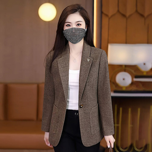 秋季复古咖色格纹西装外套女2026年韩版宽松显瘦通勤西服上衣