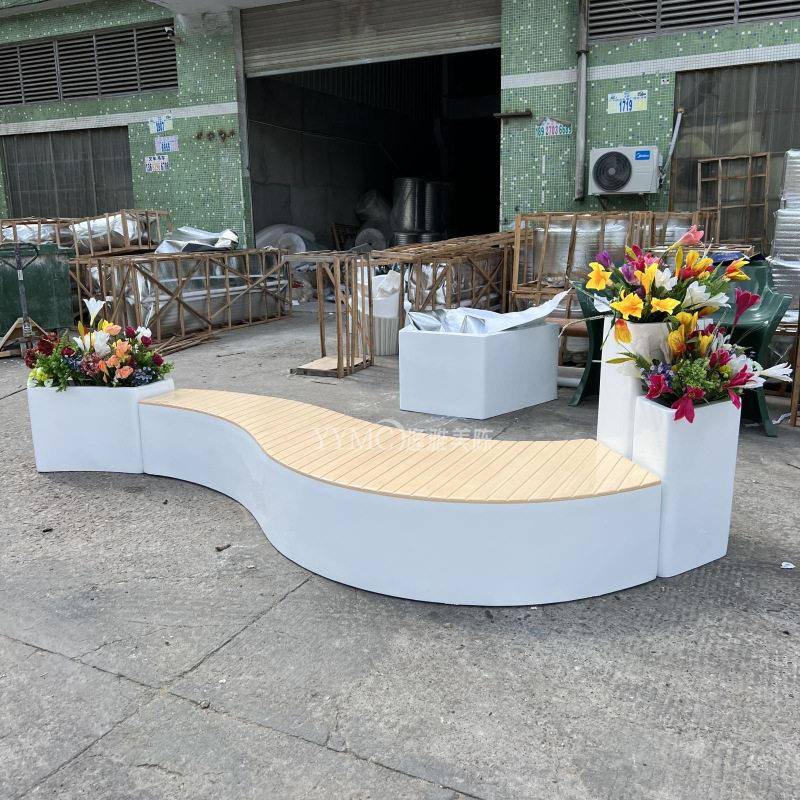 玻璃钢木纹长条休闲椅组合花盆商场长廊座椅户外广场坐凳长椅