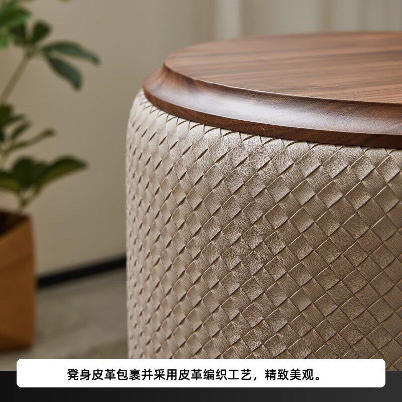 北美黑胡桃木落地圆凳梳妆凳轻奢皮凳坐墩软包矮凳家用卧室化妆凳