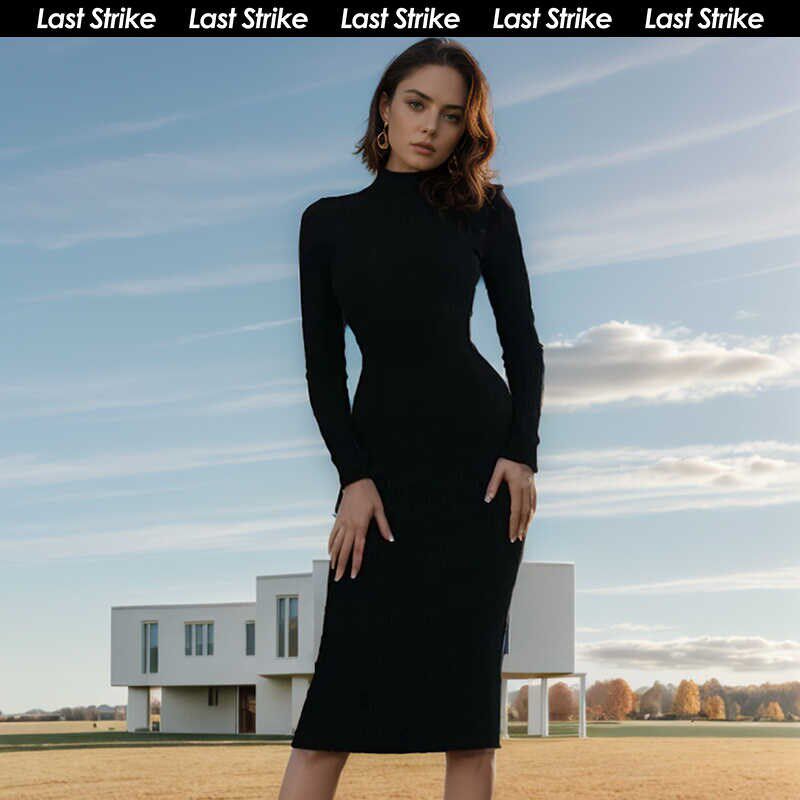 Last Strike针织连衣裙女秋冬季高领毛衣裙修身包臀中长款打底裙