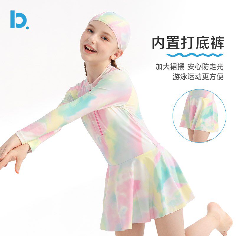 女童泳衣连体裙子长袖薄款防晒儿童2025新款女孩游泳衣泡温泉度假