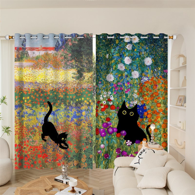 油画黑猫粗麻卧室防晒客厅隔热挂钩寝室高遮光打孔定制窗帘布