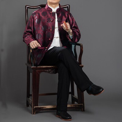 百福龙中老年男士唐装秋冬外套 中式连袖爸爸生日唐装