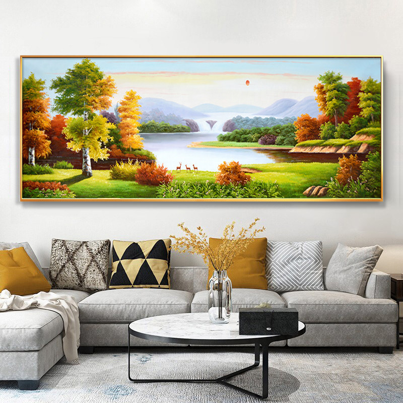 背有靠山一整幅横版客厅装饰画流水生财山水风景画沙发背景墙壁画