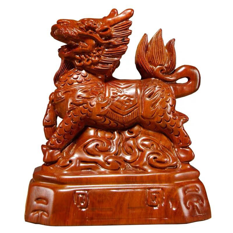 花梨木雕麒麟摆件实木质一对雕刻麒麟工艺品家居客厅玄关装饰摆设