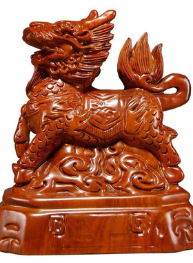 花梨木雕麒麟摆件实木质一对雕刻麒麟工艺品家居客厅玄关装饰摆设