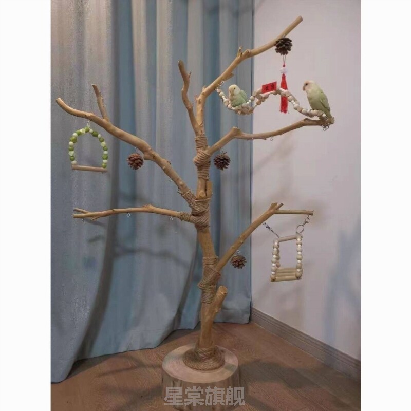 鸟站架树枝树杆鹦鹉站架树干原木站杆树杈秋千鸟笼实木灯架枯枝