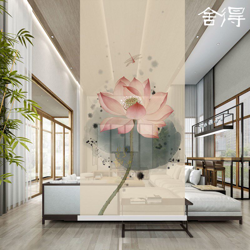 新中式意境禅意荷花卷帘纱帘书法写字室茶室个性定制软隔断屏风