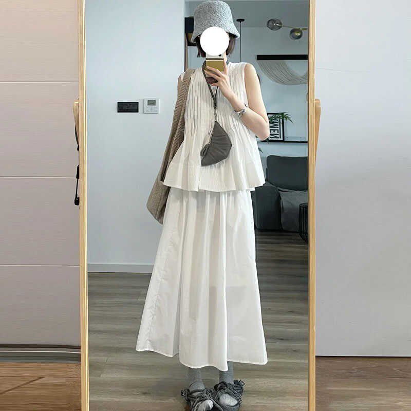 夏季女新款白色无袖背心上衣半身裙两件套装中长衬衫宽松休闲初恋