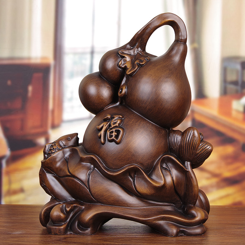 招财葫芦摆件实木雕福禄有余鱼祝寿礼品客厅玄关电视柜中式装饰品