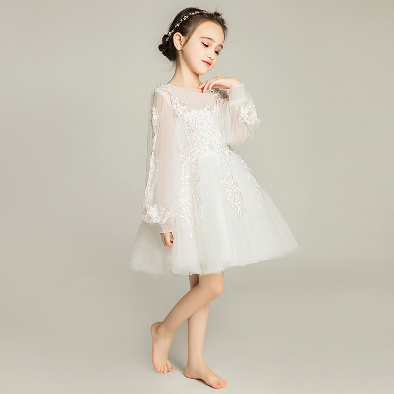 女童晚礼服公主裙长袖儿童婚纱裙子小花童模特走秀钢琴表演服秋冬