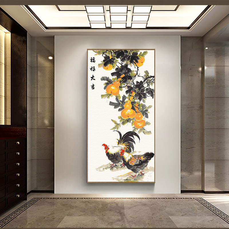 竖版大幅diy数字油画新中式客厅玄关过道吉祥装饰画 鸡 招财葫芦