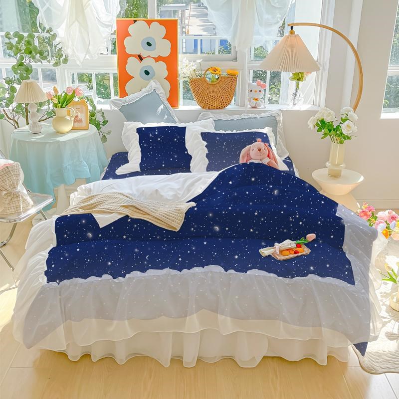 2025年新款仙女星空白纱花边水洗棉床裙四件套公主风被套床上用品