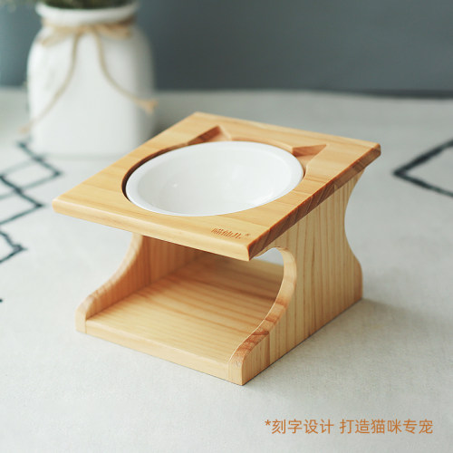 猫碗双碗实木陶瓷碗保护颈椎斜口猫咪饭盆防打翻碗架宠物餐桌狗碗