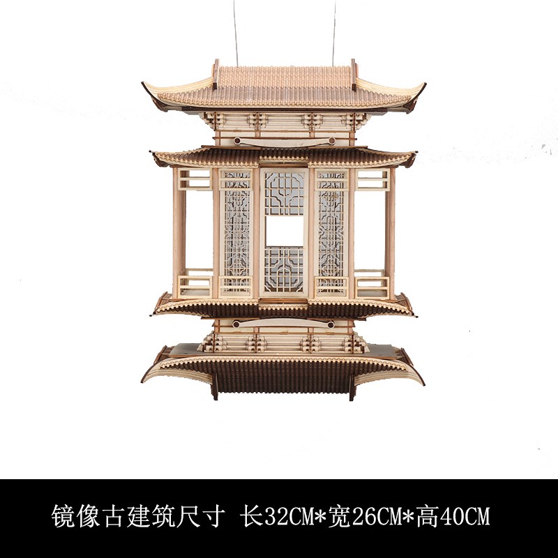 新中式创意木建筑镜像倒影酒店别墅客厅玄关酒柜软装饰品摆件