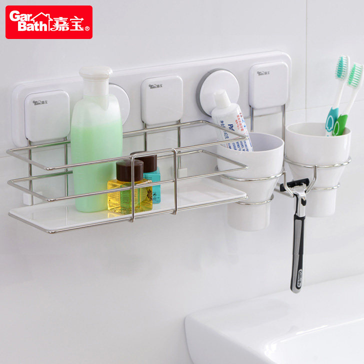 嘉宝超强力吸盘置物架 卫生间浴室吸壁式置物架带漱口杯 储物收纳