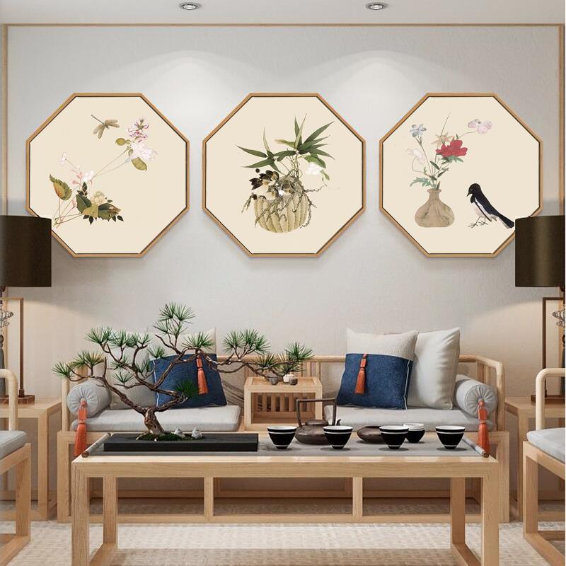 新中式花鸟禅意装饰画客厅玄关壁画餐厅茶室中国风古典挂画八边形