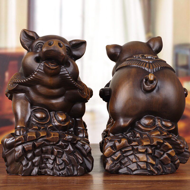 实木雕猪摆件工艺品招财猪创意手工生肖猪客厅玄关酒柜前台装饰品