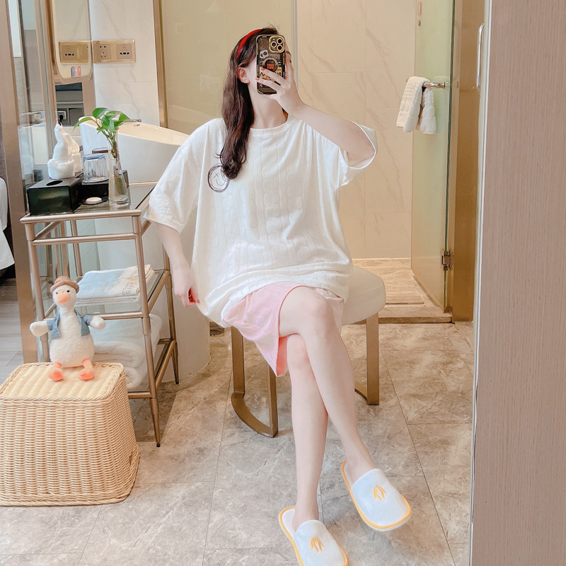 夏天睡衣女短袖T恤套装网红加肥加大码胖mm200斤纯棉卡通家居服男