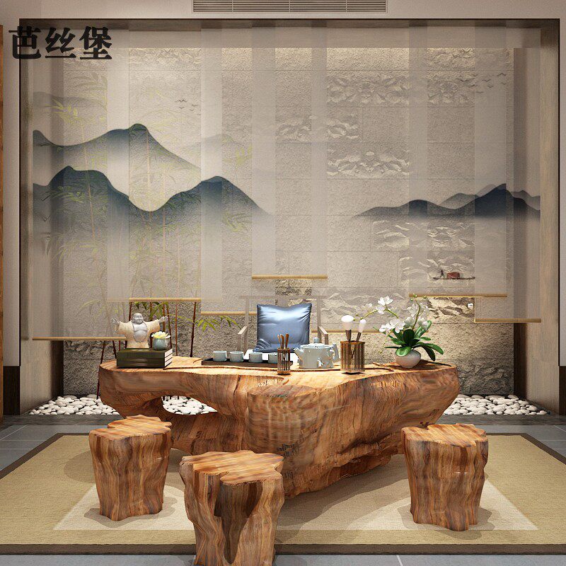 新中式卷帘窗帘悬挂式会议室屏风窗户升降收缩山水画客厅展会餐厅