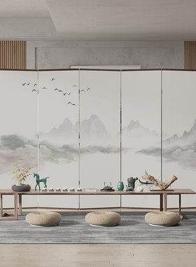 新中式实木屏风隔断折叠移动办公室酒店浅色国画客厅沙发背景墙