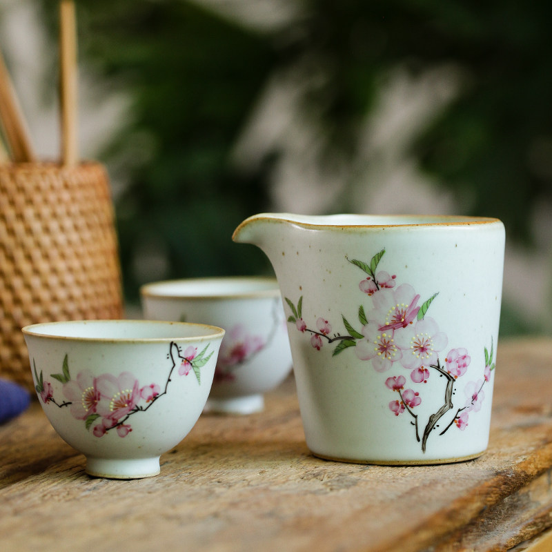 景德镇手绘水点桃花功夫茶具陶瓷公道杯匀杯日式粗陶鹰嘴分茶杯器