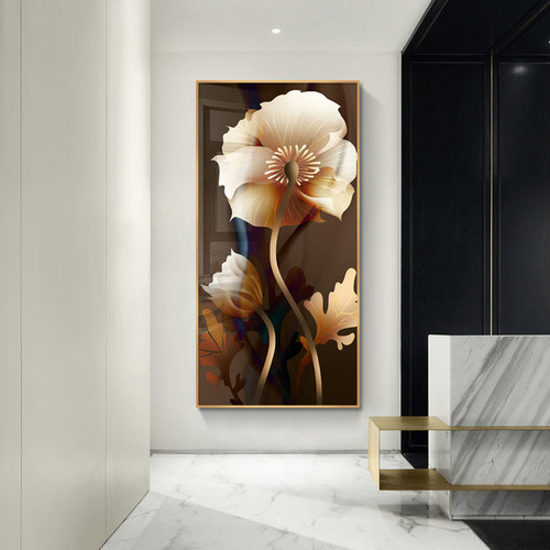 网红花卉玄关装饰画牡丹轻奢挂画晶瓷画花开富贵走廊尽头壁画客厅