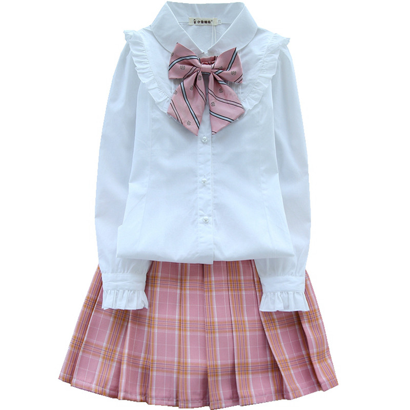 女童衬衫长袖纯棉中大童衬衣女孩全棉白色演出服儿童格子短裙套装