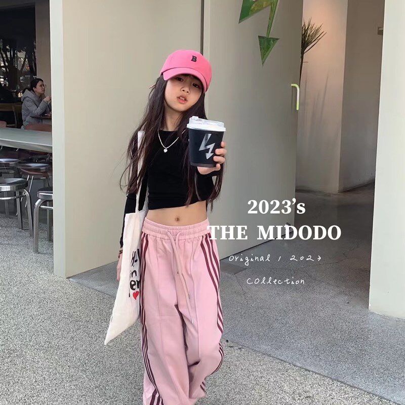 韩国童装2023春季女童新款设计感T恤长袖甜酷女孩宽松休闲长裤子