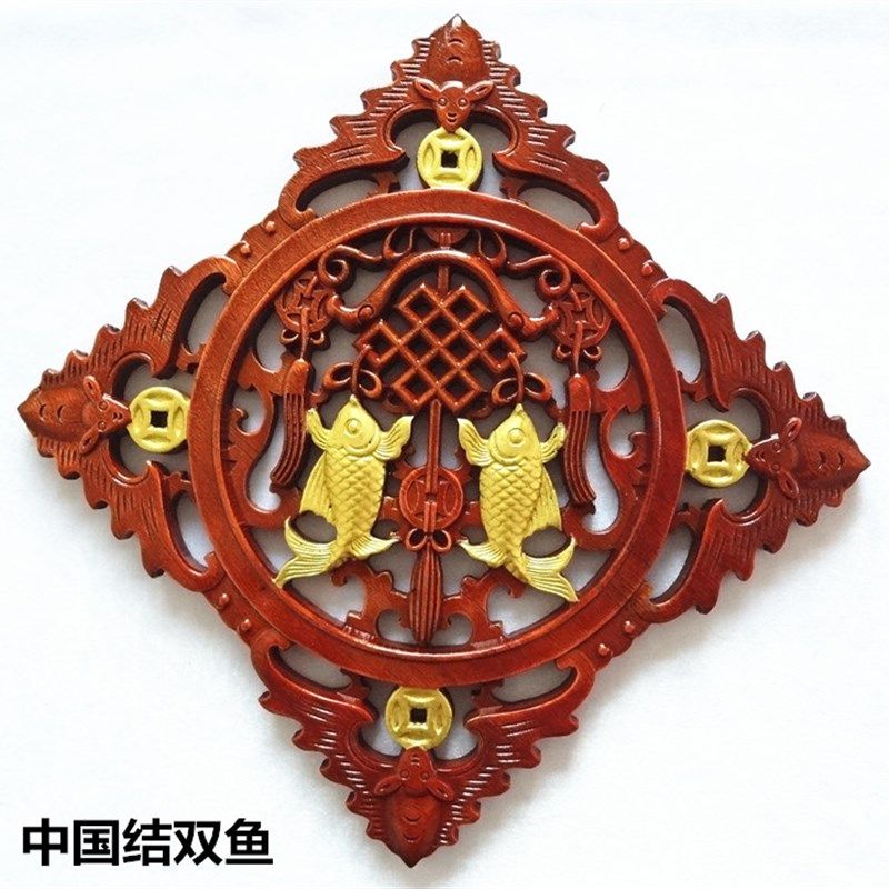 东阳木雕挂件手工描金牛挂件五福鱼金色香樟木雕刻工艺品正方形福