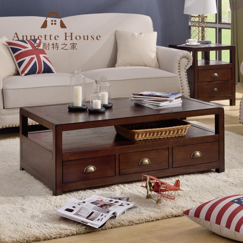 HH风格美式环保实木白蜡木茶几客厅家具带抽屉咖啡桌包物流做旧