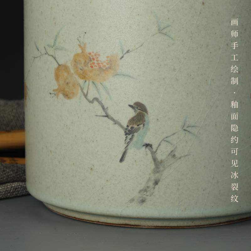 景德镇陶瓷秋实图大笔筒手绘彩瓷复古中国风文房摆件收纳书画毛笔
