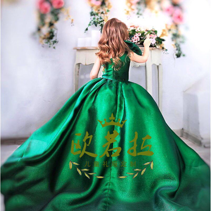 儿童模特T台走秀锻面拖尾公主裙高端女童钢琴主持人表演出晚礼服