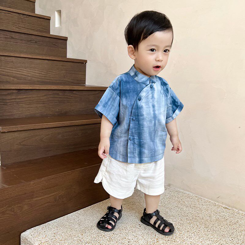 2024薄款小童蓝色水墨国风复古汉服两件套男童中式生日礼服套装