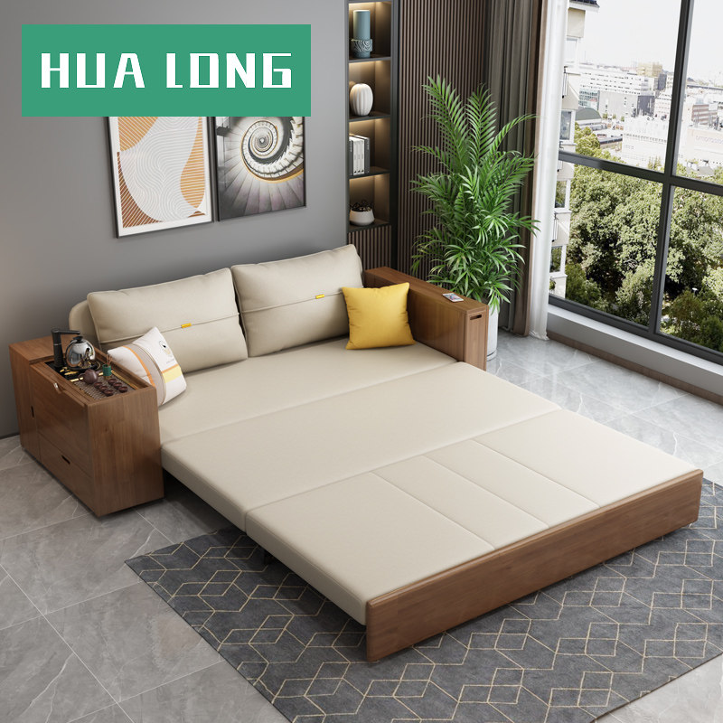 新中式客厅多功能实木沙发床可折叠两用科技布沙发床扶手可当茶车